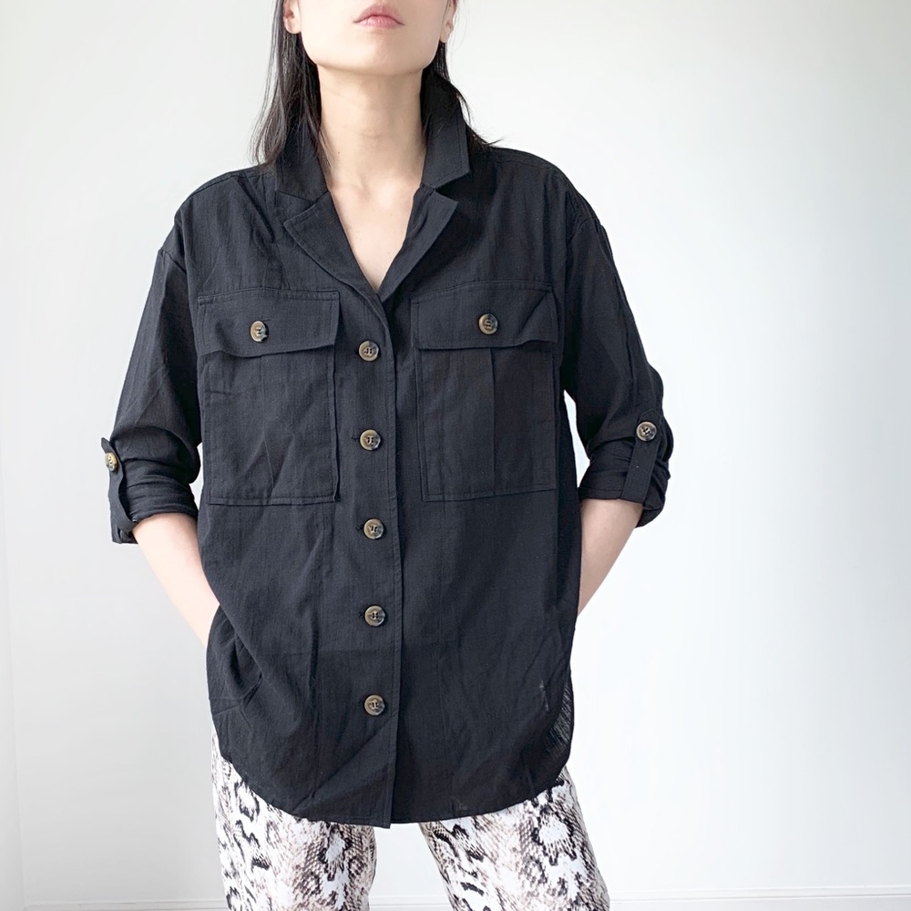 NWT LINEN BLEND COLLAR BUTTON DOWN SHIRT - BLACK